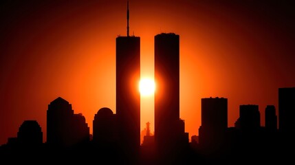 Majestic Sunset Over City Skyline with Towering Buildings