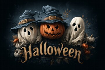 Festive Halloween characters featuring ghosts and a carved pumpkin wearing witch hats are prominently displayed above decorative lettering.