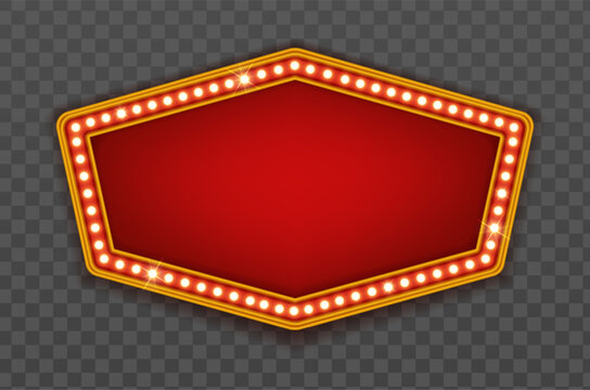 Vector illustration. Set of retro red circus sign or casino frame billboard with yellow light bulbs on red background.