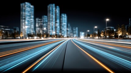Futuristic Cityscape with Light Trails at Night in Urban Environment