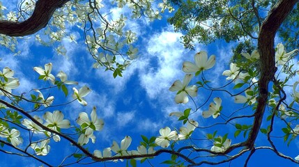 Bright Blue Sky Framed by Dogwood Flowers and Green Leaves