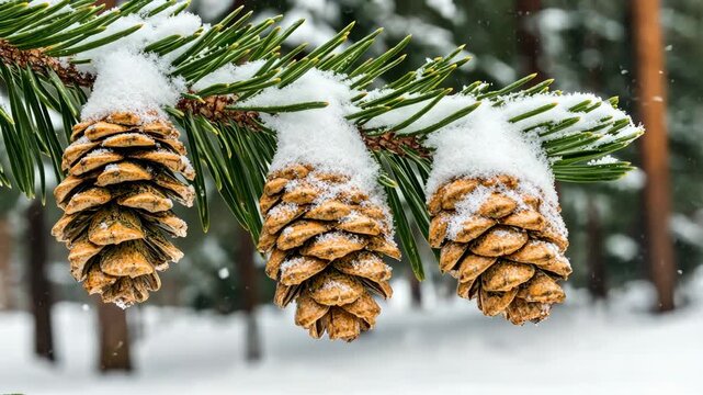 Snow blankets pine cones on branches, creating a peaceful winter atmosphere in a forest, showcasing nature's beauty
