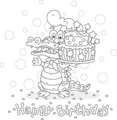 Greeting card with a funny crocodile confectioner and a freshly baked fancy birthday cake, black and white outline vector cartoon illustration for a coloring book