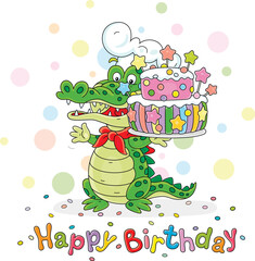 Greeting card with a funny green crocodile confectioner and a freshly baked fancy birthday cake, vector cartoon illustration on a white background