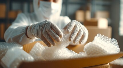 Workers are placing cushioning material into boxes to pack the goods into protective packaging, in preparation for shipment within the warehouse