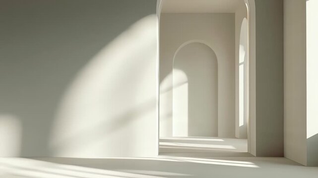 A bright, minimalist interior with white walls, arched doorways, and strong sunlight casting dramatic shadows.