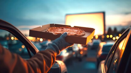 Drive-in Movie Experience with Pizza Box in Hand during Sunset