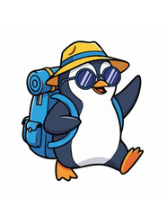 Cartoon penguin traveler with backpack and sunglasses on white background