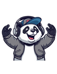 Naklejka premium Cartoon panda wearing headphones and cap vector illustration on black