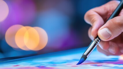 Hand Holding Paintbrush Creating Vibrant Art on Colorful Canvas
