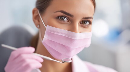 Dentist in Pink Mask Preparing for Oral Examination of Patient