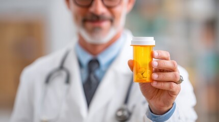 Doctor Holding Prescription Bottle with Pills in Medical Office
