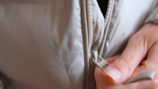 Close-up of hands fastened and then unfastened on a warm, light, fluffy winter jacket, preparing for cold weather, or undressing. Lock and zipper in jacket.