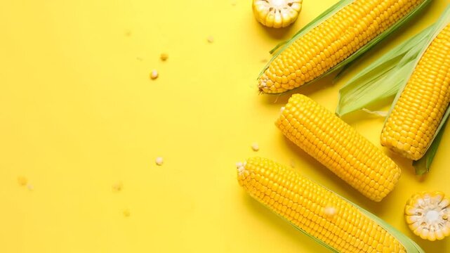 Fresh corn on the cob with yellow background.
