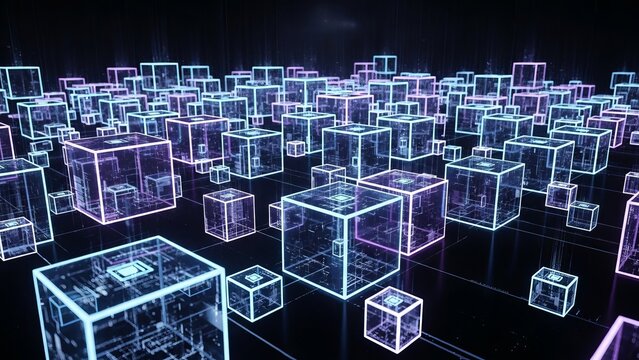Abstract digital blockchain cubes float in a dark virtual space representing data storage and futuristic network technology concepts - Powered by Adobe
