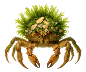 Decorator crab adorned with algae and shell pieces on its shell.
