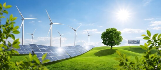 Sustainable energy landscape displaying solar panels wind turbines against blue sky representing green solutions for clean power and environmental responsibility 200 characters