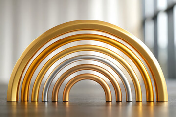 Naklejka premium Golden arc metallic rainbow abstract sculpture minimal design gradient curve luxury metal modern decor soft light depth of field symmetry