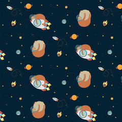 A seamless pattern featuring a sloth on a rocket in space. These adorable sloths are traveling