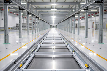 Fototapeta premium Industrial factory interior empty assembly line automated conveyor steel structure modern warehouse bright lighting clean floor perspective view production facility high ceiling