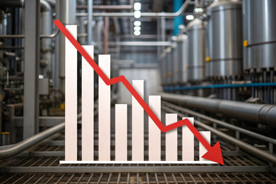 Industrial decline red arrow downward trend factory interior metal equipment production line financial crisis recession cost pressure profit loss