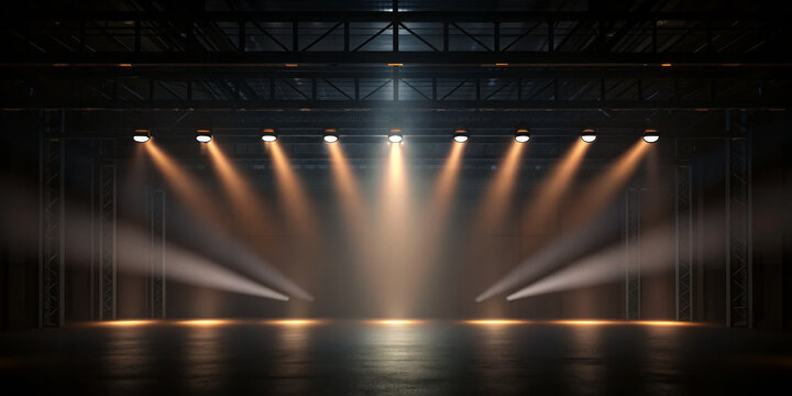 Stage spotlight theater lighting industrial beam dramatic dark concert empty Illuminated stage with spotlight theater lighting industrial beam dramatic dark concert empty, moody atmosphere with