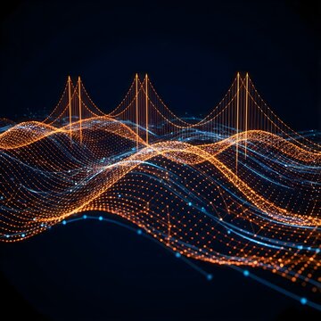 Abstract Digital Network Data Visualization with Golden Bridges Connecting Information Nodes in Complex Network with Glowing Particles and Futuristic Design on Dark Background