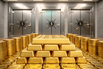 Golden bar gold coin vault security door safe wealth finance investment prosperity stability fill secure vault, polished metal gleams bright light, ambition and trust echo protected treasury scene