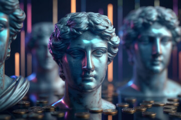 Neoclassical bust marble statue ancient sculpture blue lighting neon glow depth of field dramatic mood gold coin wealth finance trend echoing surreal gallery of classical art with reflective shine