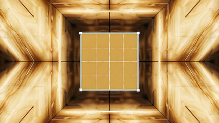 Golden tunnel symmetry abstract geometry metallic texture futuristic light modern design square grid warm glow reflective wall minimal background sci fi mood