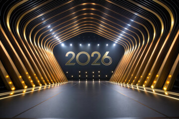 Golden tunnel futuristic stage modern arch metallic gold waves 2026 luxury spotlight abstract pattern event celebration shimmer with dramatic depth elegant glow cinematic space festive mood new