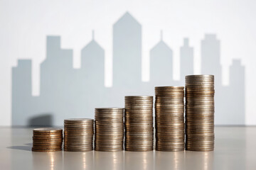 Rising coins money finance investment growth savings wealth economy currency budget serve as rising coins money finance investment growth savings wealth economy currency budget front of city