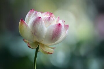 A close-up shot of a beautiful lotus flower blooming gracefully. The delicate petals showcase a stunning contrast of white and pink hues