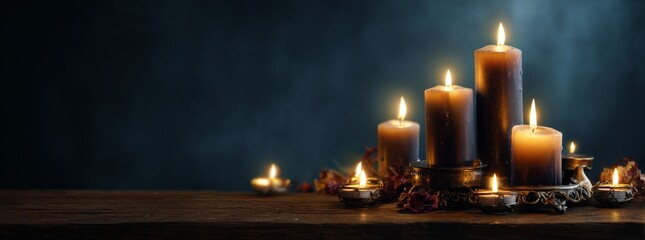 Beautiful background with candles and glowing lights, creating an atmosphere of christmas.
