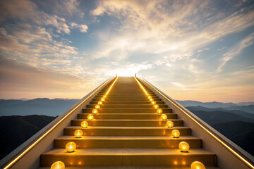 Golden staircase glowing light upward path sunrise sky mountain horizon success concept hopeful mood serene scene modern design outdoor setting
