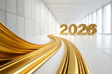 Golden number modern corridor abstract wave bright light white interior concrete wall futuristic style minimal design glossy surface new year optimistic mood sleek curve clean space perspective