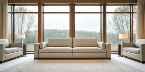 Serene modern living room with beige leather sofa minimalist armchairs large floor to ceiling windows soft natural light warm wood panel neutral rug calm ambiance clean lines peaceful view
