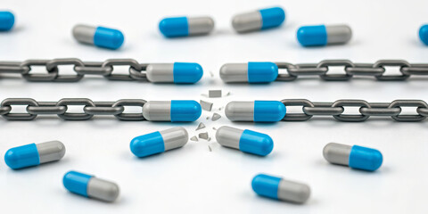 Supply chain rupture break disruption drug medicine capsule blue gray supply chain rupture break disruption drug medicine capsule blue gray concept shows broken link amid scattered pills