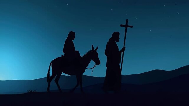 Silhouette animation of Mary and Joseph's journey. The holy family traveling on a donkey at night. Biblical nativity and Christmas story concept