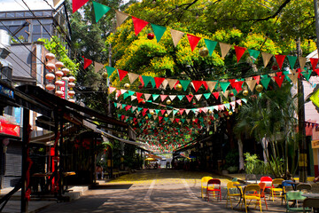 Famous touristic street of Provenza district of Medellin at christmas. El Poblado.