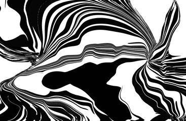 Abstract black and white liquid waves overlay. Monochrome distorted fluid marble texture on transparent background.
