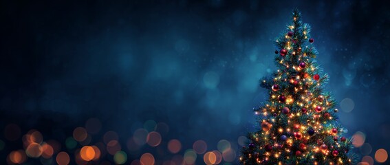 Christmas tree adorned with colorful decorations stands against a dark blue background.