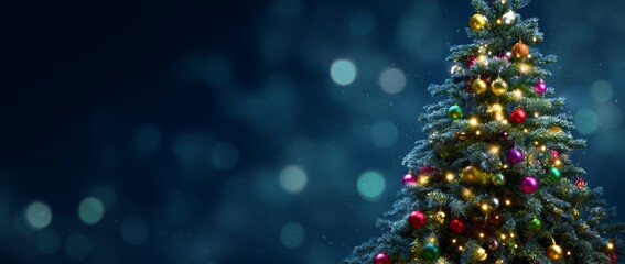 Christmas tree adorned with colorful decorations stands against a dark blue background.