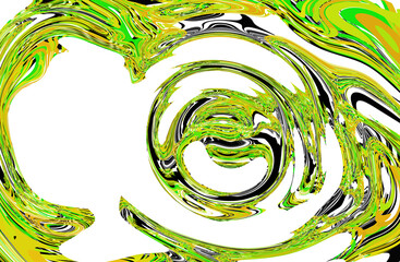 Acid green and yellow psychedelic swirl overlay. Abstract trippy liquid vortex texture on transparent background.