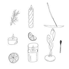 Hand drawn candle and winter elements set isolated on white