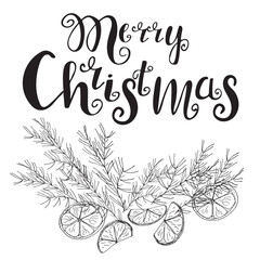 Merry Christmas Hand Lettering with Fir Branch and Orange Slices