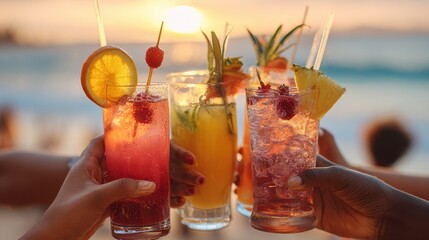 friends toasting colorful cocktails and mocktails at beach sunset party tropical drinks with fruit garnish ice ocean backdrop summer celebration vacation social gathering concept