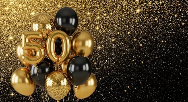 Golden balloons in black background with golden number 50. Celebration for 50th anniversary birthday. Party decor. Gold, black. Festive scene. Anniversary celebration. Jubilee event