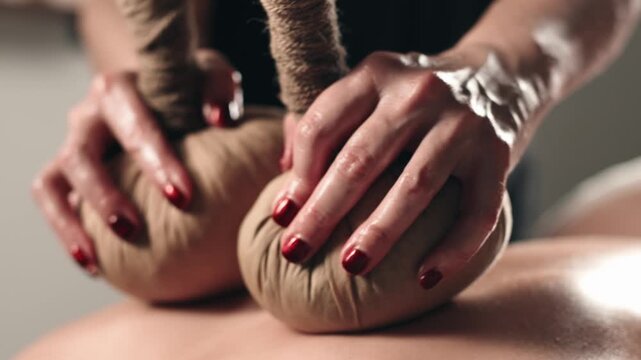 Female massage therapist uses herbal compress balls on a client&rsquo;s back, demonstrating relaxation in a calm and soothing spa environment. Concept wellness, healing, relaxation