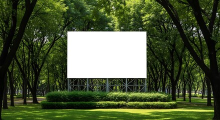 Blank billboard in the park surrounded by trees, offering a space for advertising in a natural setting, perfect for outdoor campaigns